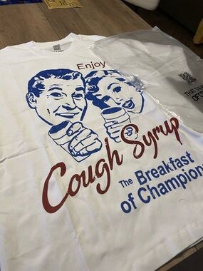 Enjoy Cough Syrup Graphic Tee - White with Blue & Red Print
